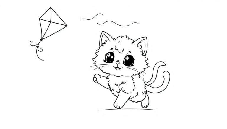 Un gatito corriendo con una cometa, página para colorear.