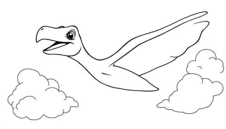 Pteranodon amigable volando entre nubes suaves, listo para colorear en esta placa de color.