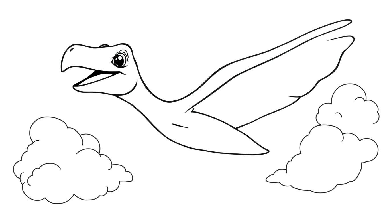 Pteranodon amigable volando entre nubes suaves, listo para colorear en esta placa de color.