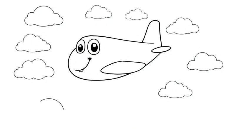 Un avión amigable sonriendo, listo para ser coloreado, volando entre nubes dibujadas en esta placa de color.