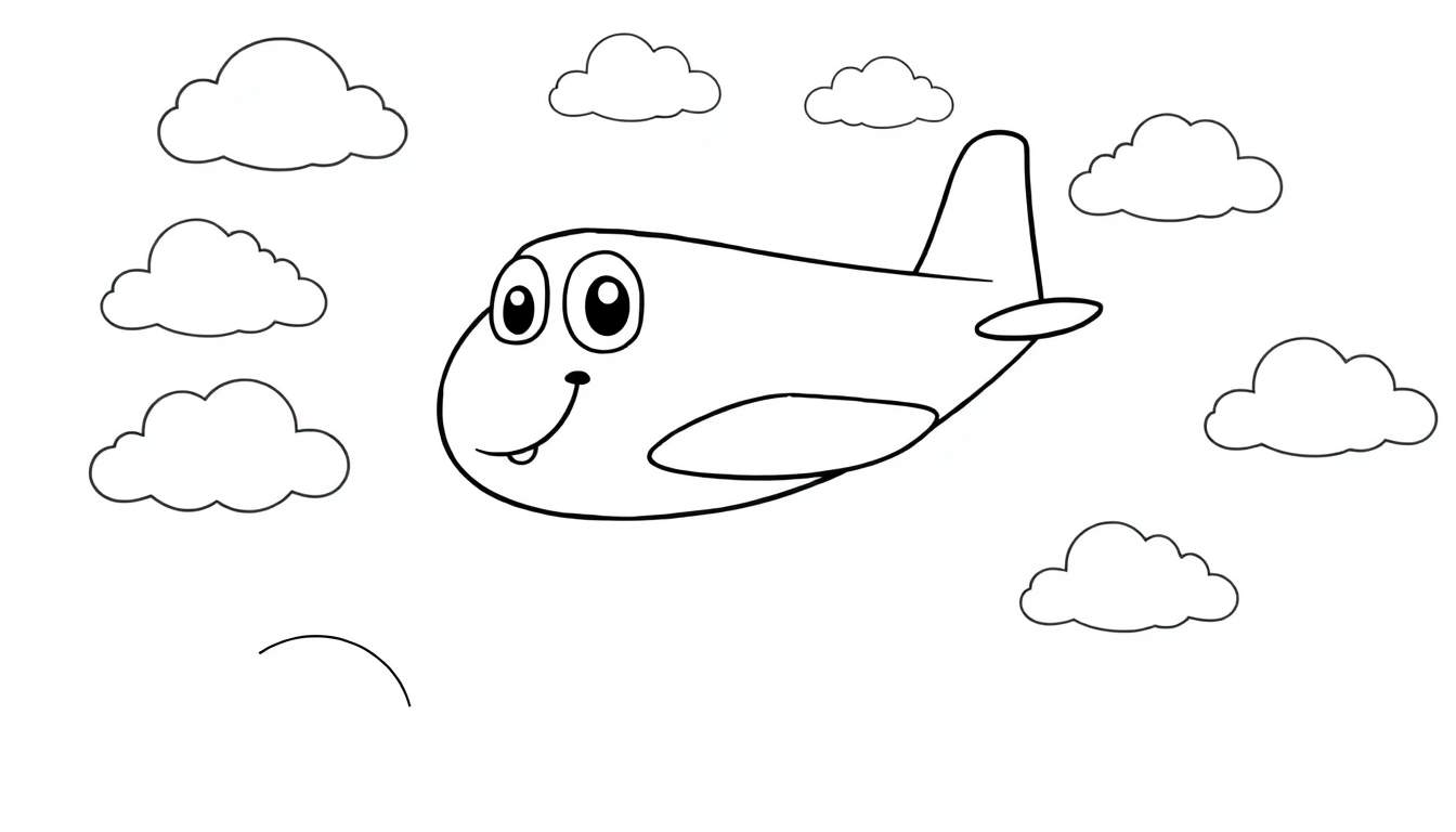 Un avión amigable sonriendo, listo para ser coloreado, volando entre nubes dibujadas en esta placa de color.