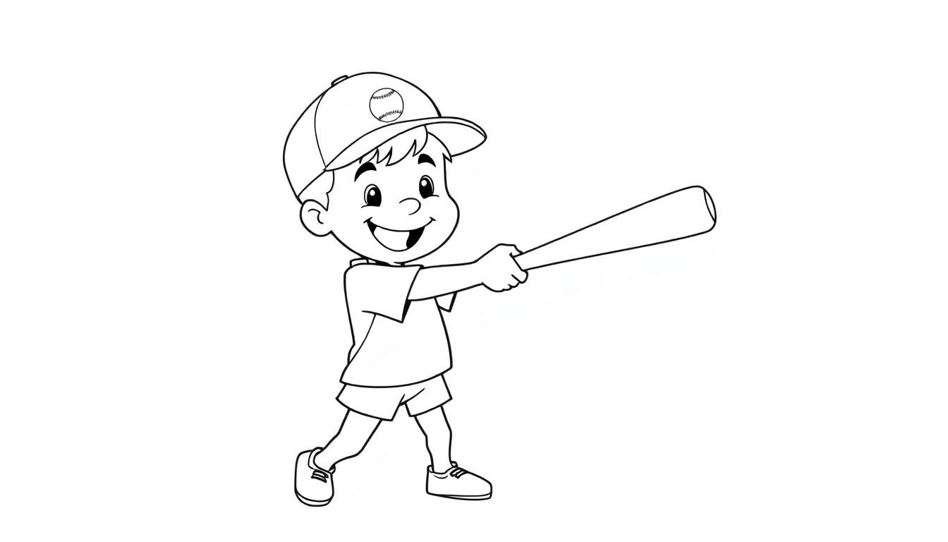 Placa de color de un niño sonriendo jugando béisbol.