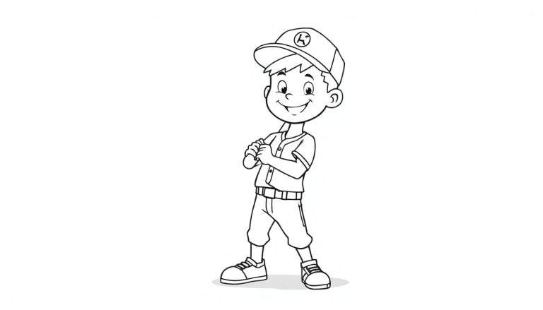 Niño sonriente con gorra de béisbol con la letra K y un bate, listo para batear, dibujo lineal en blanco y negro para colorear, sin placa de color.