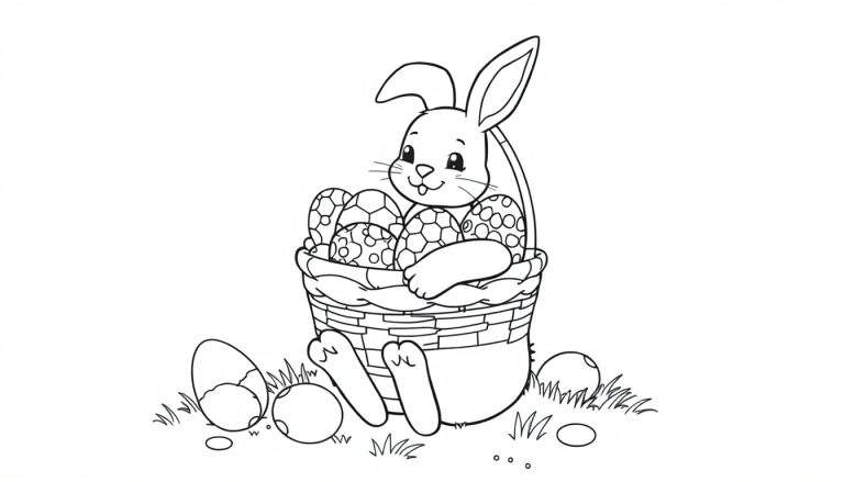 Un lindo conejito de Pascua en una canasta de mimbre llena de huevos de Pascua decorados, listo para usar la placa de color para colorear.