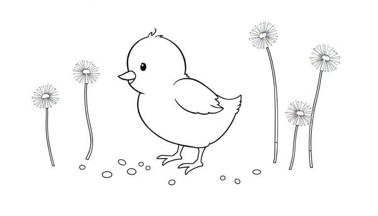 Placa de color de un pollito picoteando semillas entre dientes de león.