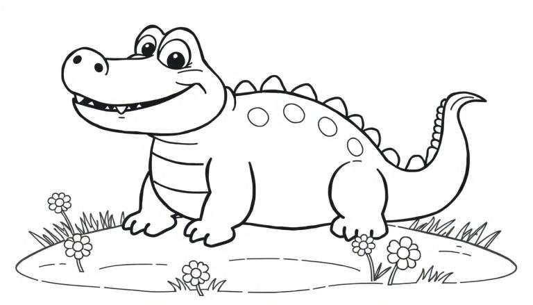 Un simpático cocodrilo de dibujos animados en blanco y negro, sentado sobre hierba con flores, esperando ser coloreado. Las placas de color de su espalda y cola son visibles.
