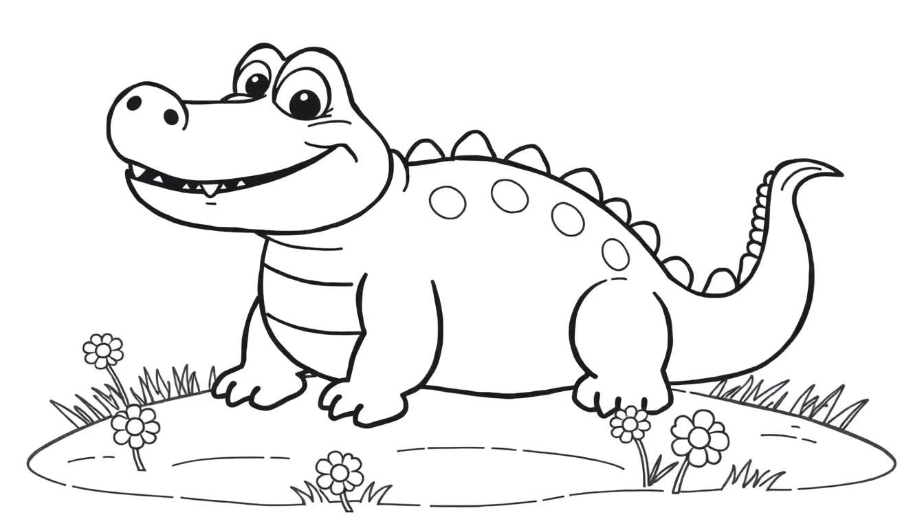 Un simpático cocodrilo de dibujos animados en blanco y negro, sentado sobre hierba con flores, esperando ser coloreado. Las placas de color de su espalda y cola son visibles.