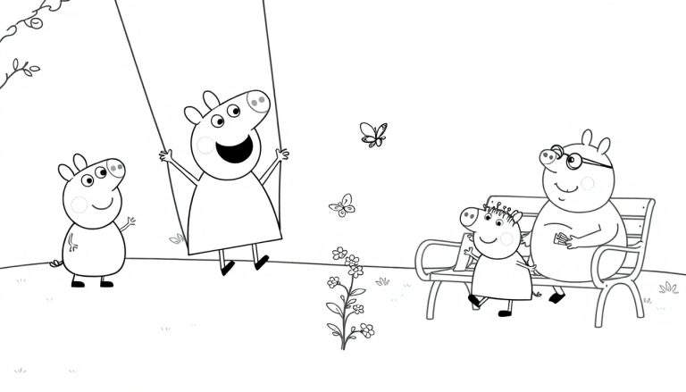 Placa de color de George Pig y Peppa Pig en el parque.