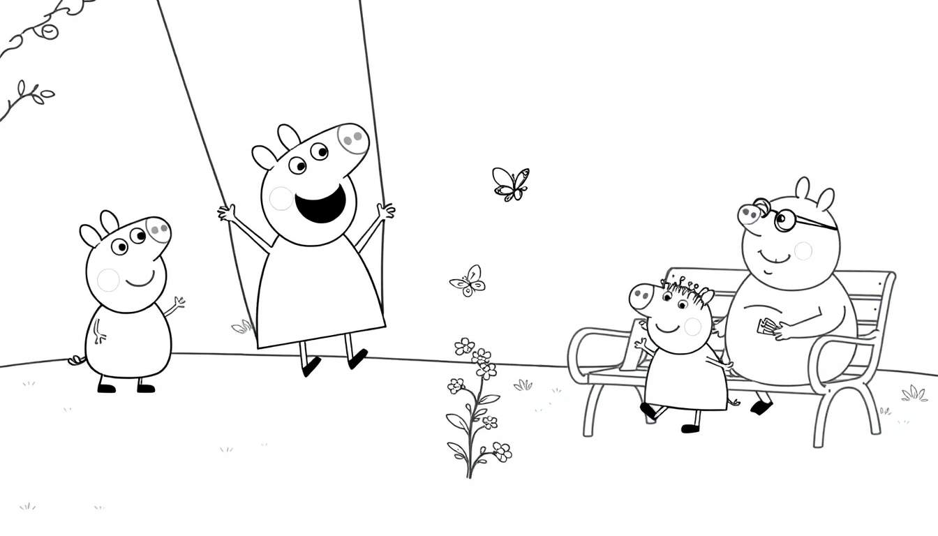 Placa de color de George Pig y Peppa Pig en el parque.