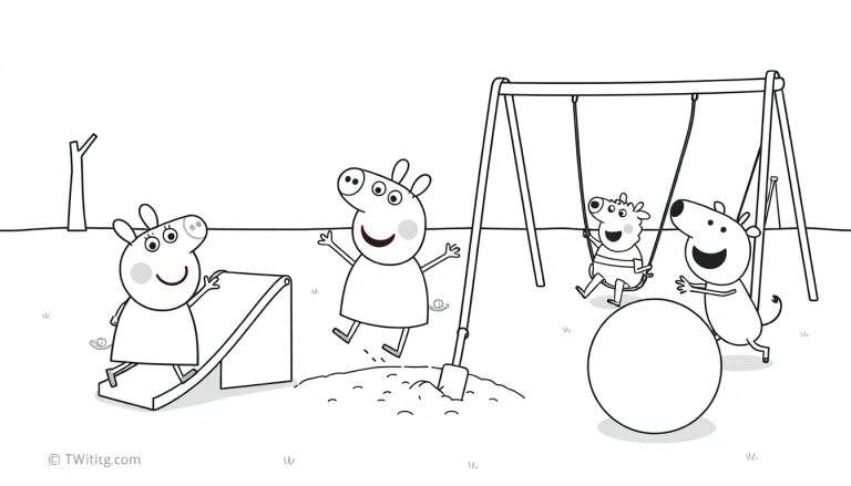 Peppa Pig y amigos jugando en el parque, dibujo para colorear de la placa de color.