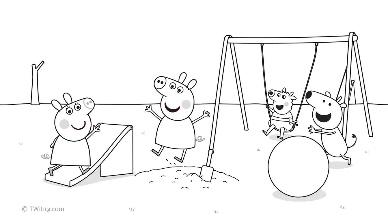 Peppa Pig y amigos jugando en el parque, dibujo para colorear de la placa de color.