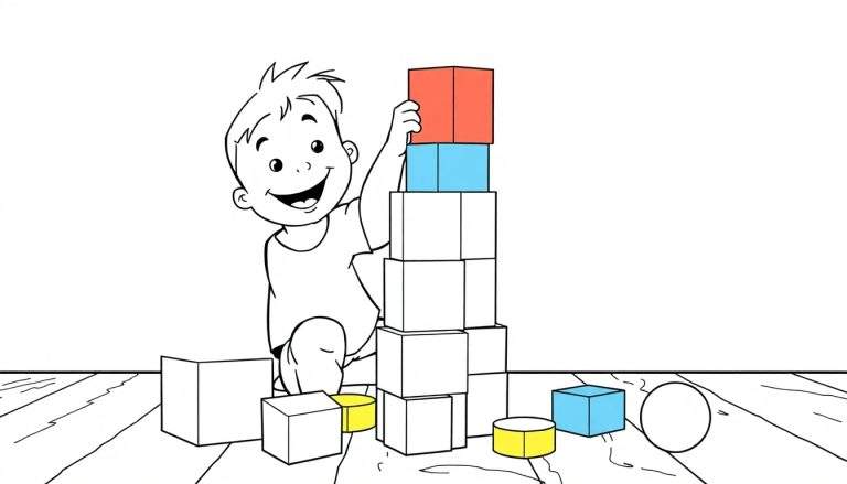 Placa de color para colorear con un niño sonriente construyendo una torre de bloques.