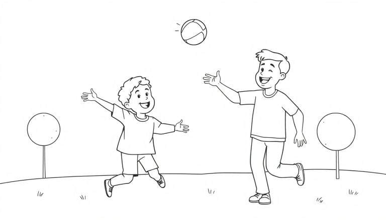 Niños jugando a la pelota, estilo de colorear en blanco y negro.