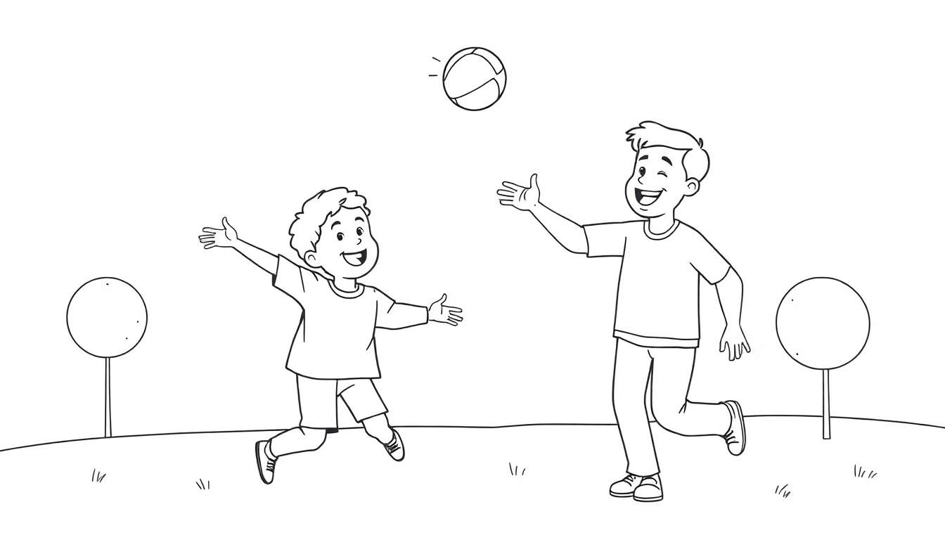 Niños jugando a la pelota, estilo de colorear en blanco y negro.