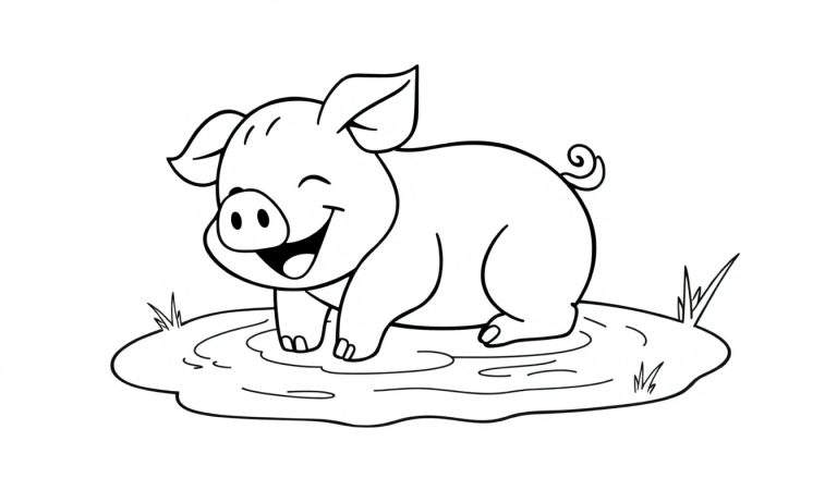 Un cerdito sonriente con la nariz apuntando hacia arriba, orejas erguidas y cola rizada, de pie en un charco con hierba alrededor, listo para ser coloreado.