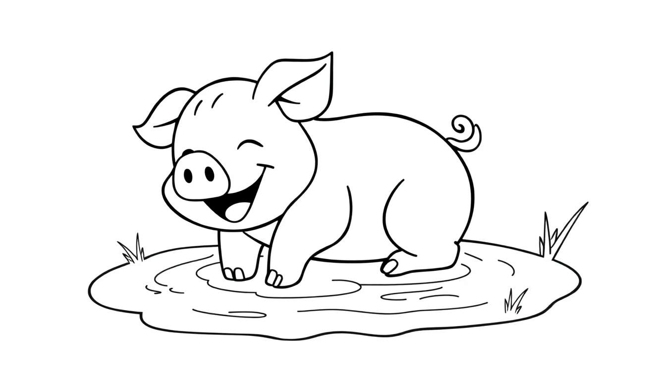 Un cerdito sonriente con la nariz apuntando hacia arriba, orejas erguidas y cola rizada, de pie en un charco con hierba alrededor, listo para ser coloreado.