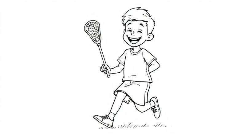 Placa de color de un niño sonriente corriendo con un palo de lacrosse.