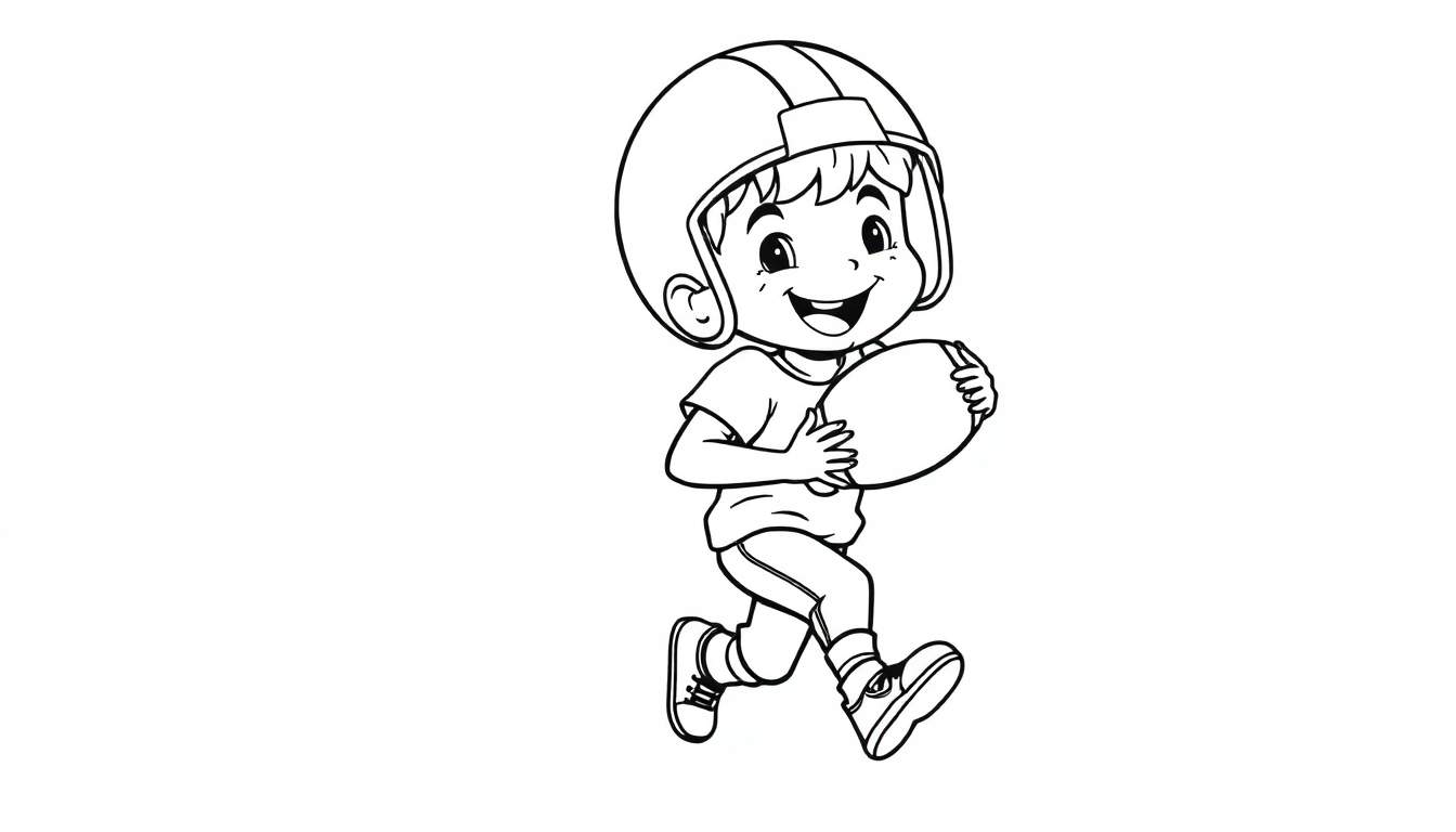 Un niño con casco de fútbol corriendo con un balón, listo para la placa de color.