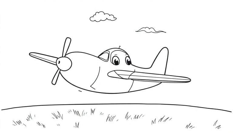 Avión amigable de placa de color volando en el cielo con nubes y un campo.