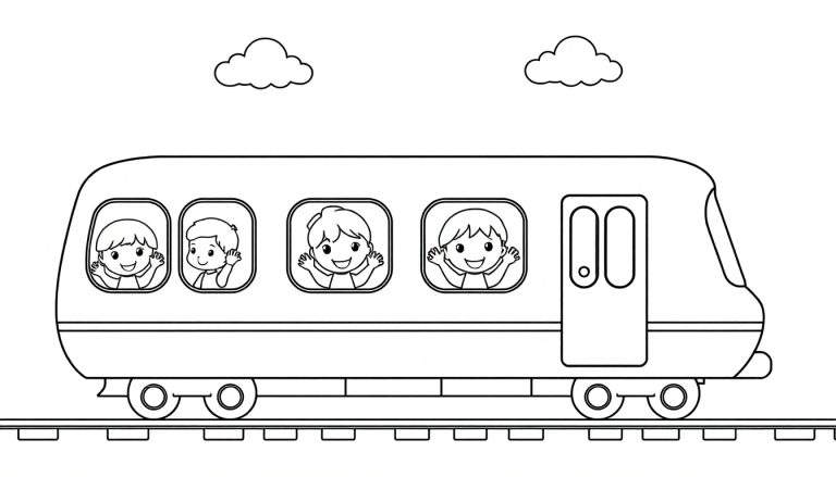Página para colorear de un tren metro amigable con niños saludando desde las ventanas.