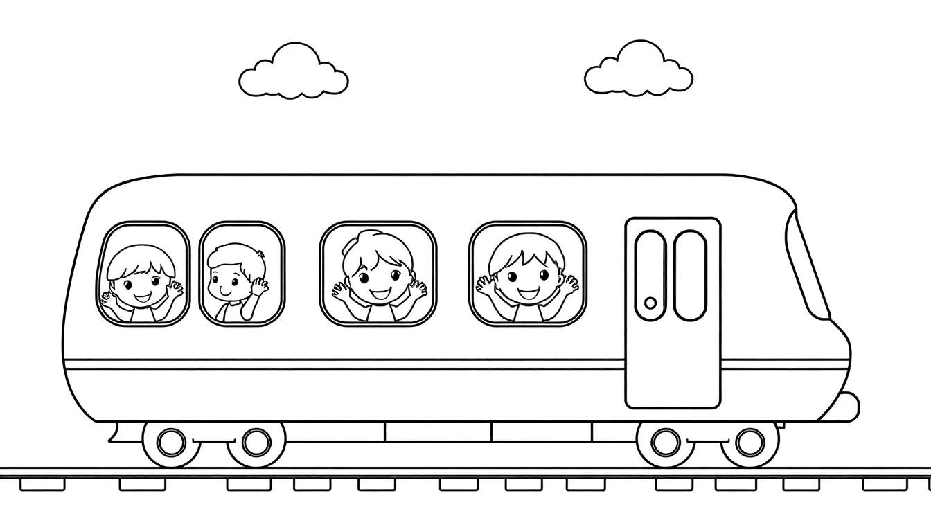 Página para colorear de un tren metro amigable con niños saludando desde las ventanas.