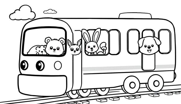 Un tren de dibujos animados en blanco y negro con animales, listo para colorear la placa de color.