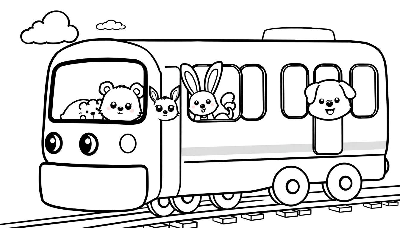 Un tren de dibujos animados en blanco y negro con animales, listo para colorear la placa de color.