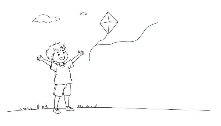 Placa de color de un niño feliz volando una cometa.