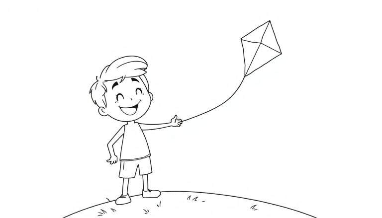 Dibujo lineal en blanco y negro de un niño volando una cometa, perfecto para la placa de color.