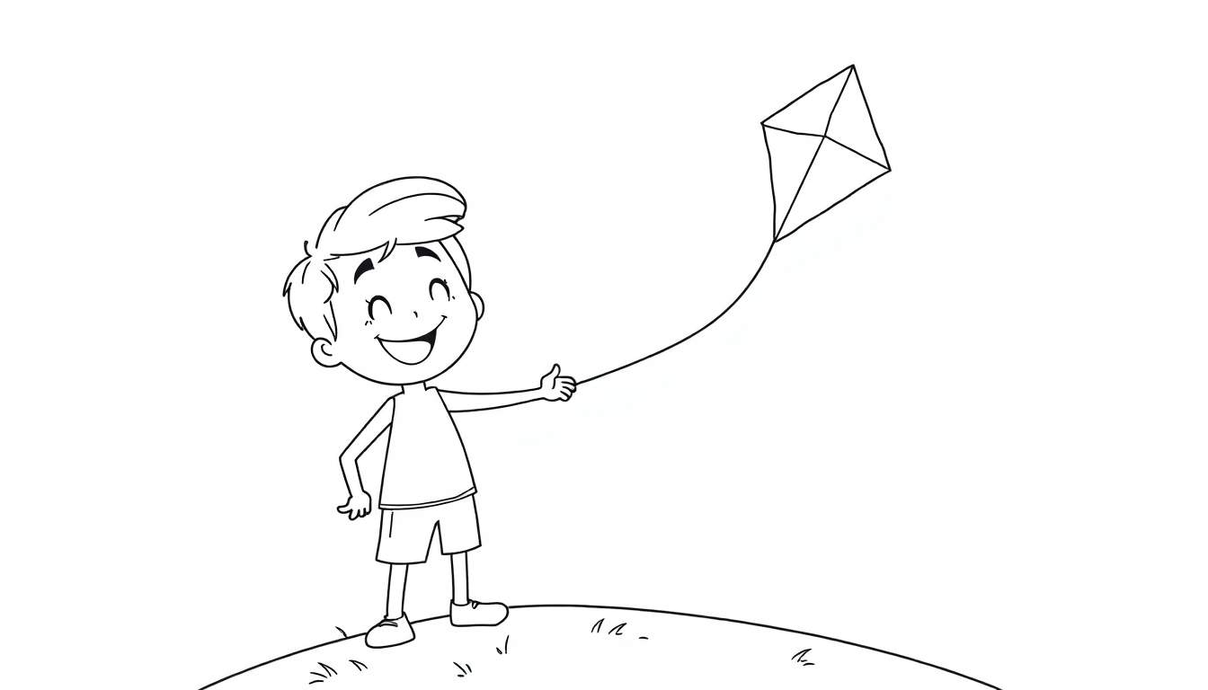 Dibujo lineal en blanco y negro de un niño volando una cometa, perfecto para la placa de color.