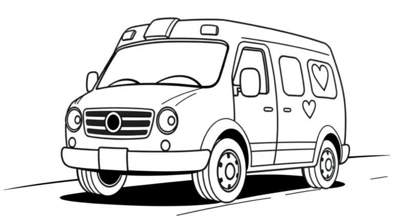 Una ambulancia caricaturizada en blanco y negro, lista para colorear, con grandes ruedas y una cara amigable. La placa de color resalta sus detalles.