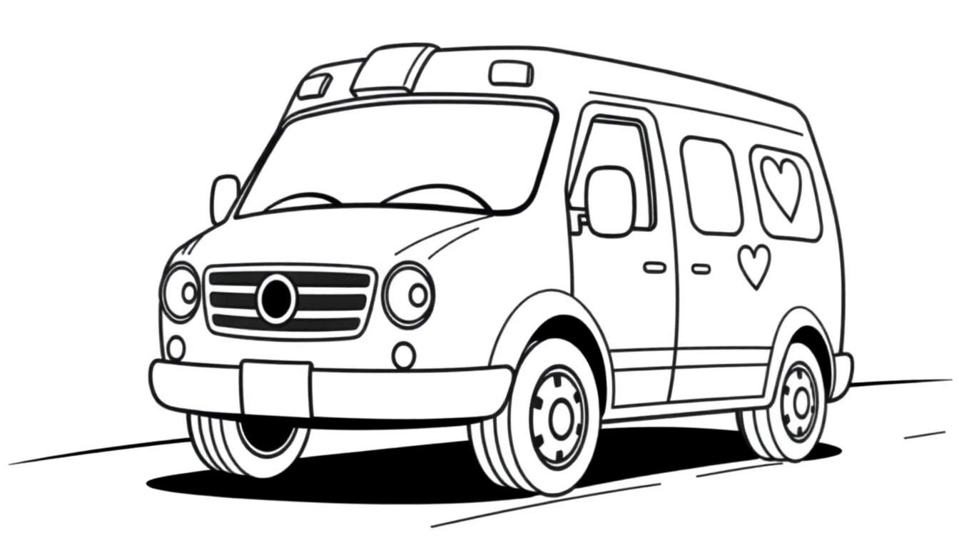Una ambulancia caricaturizada en blanco y negro, lista para colorear, con grandes ruedas y una cara amigable. La placa de color resalta sus detalles.