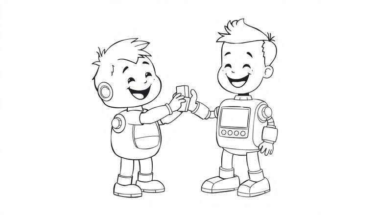 Página para colorear de dos niños con disfraces de robot dándose la mano, con la placa de color indicada.