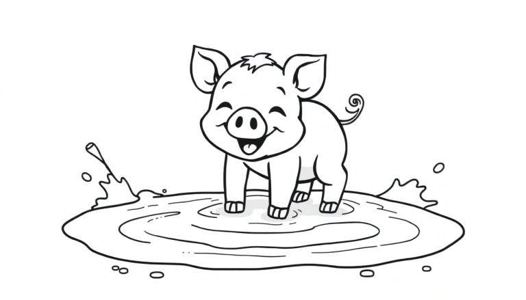 Cerdo de dibujos animados jugando en un charco, listo para colorear en la placa de color.