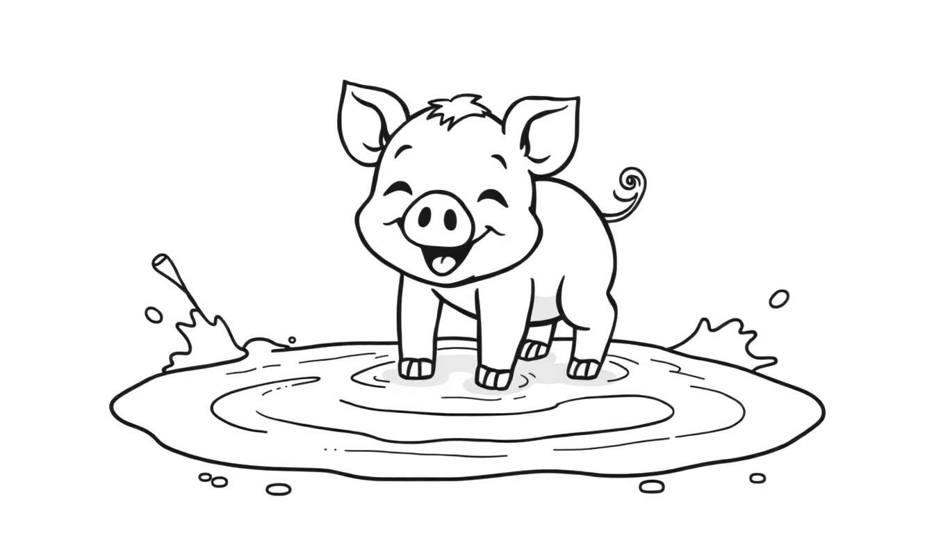 Cerdo de dibujos animados jugando en un charco, listo para colorear en la placa de color.