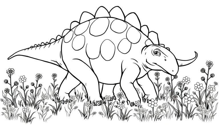 Un dinosaurio amigable con placas de color, rodeado de flores.