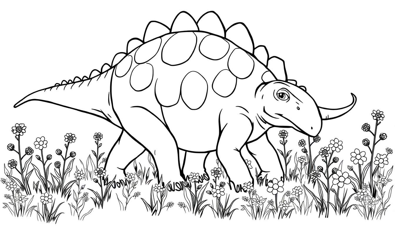 Un dinosaurio amigable con placas de color, rodeado de flores.