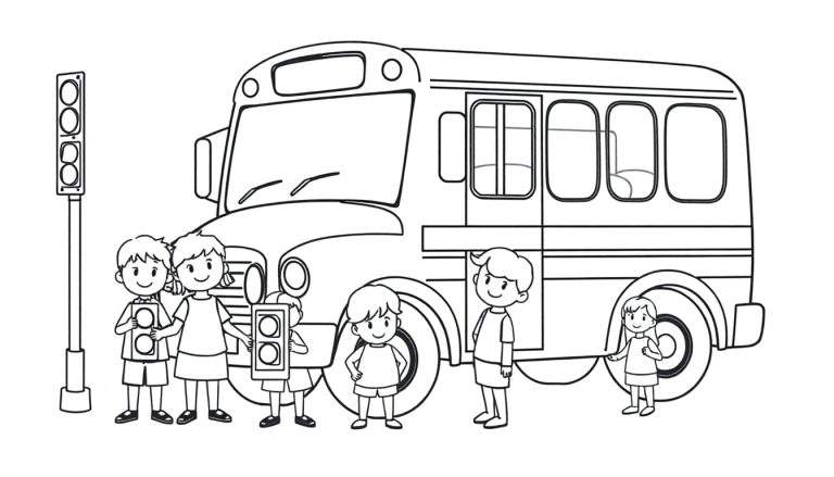 Placa de color de un autobús escolar con niños aprendiendo sobre seguridad vial.