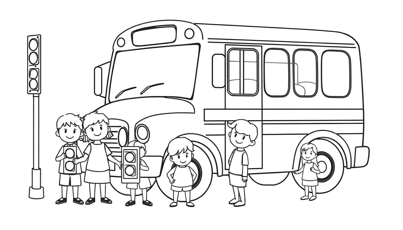 Placa de color de un autobús escolar con niños aprendiendo sobre seguridad vial.