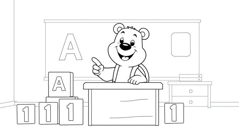 Oso aprendiendo la letra A y el número 1 en un salón de clases con una pizarra, bloques y un armario.