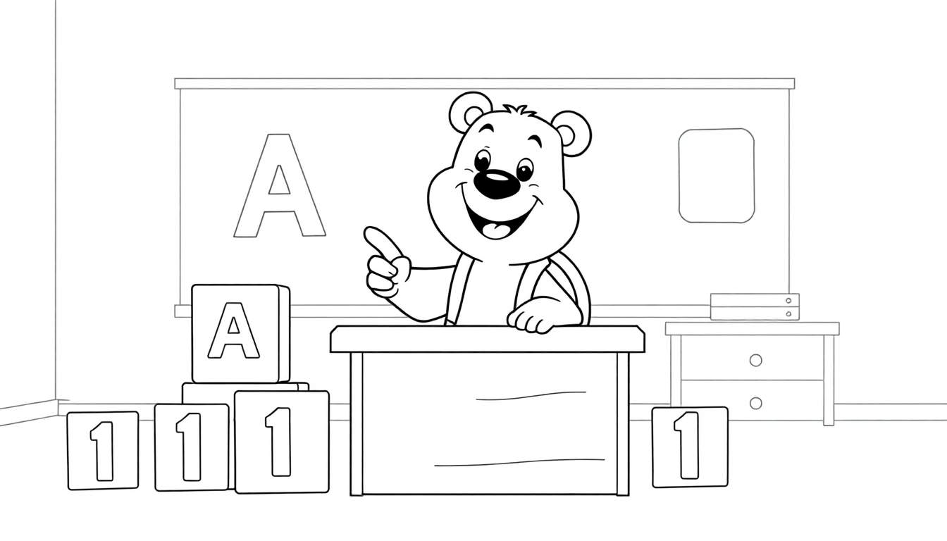Oso aprendiendo la letra A y el número 1 en un salón de clases con una pizarra, bloques y un armario.