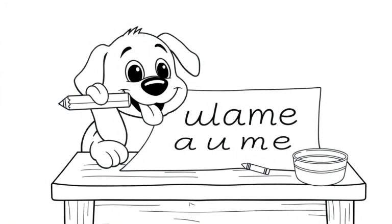 Un perrito de dibujos animados con un lápiz en la boca, sentado frente a una hoja con la palabra 'wlame a u me' y un crayón y cuenco en la placa de color.