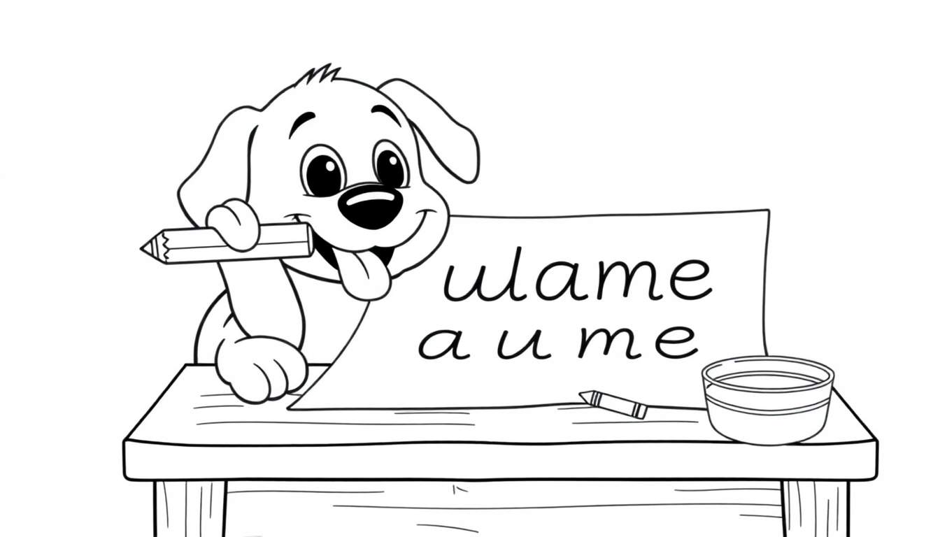 Un perrito de dibujos animados con un lápiz en la boca, sentado frente a una hoja con la palabra 'wlame a u me' y un crayón y cuenco en la placa de color.