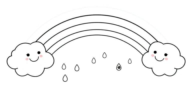 Página para colorear de un arcoíris con tres arcos negros, dos nubes sonrientes con mejillas rosadas y varias gotas de lluvia, una con un ojo. La placa de color completa la escena.
