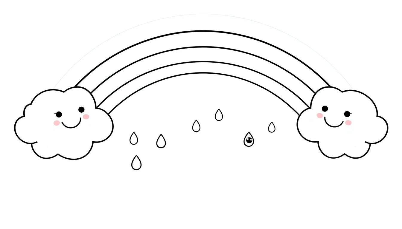Página para colorear de un arcoíris con tres arcos negros, dos nubes sonrientes con mejillas rosadas y varias gotas de lluvia, una con un ojo. La placa de color completa la escena.