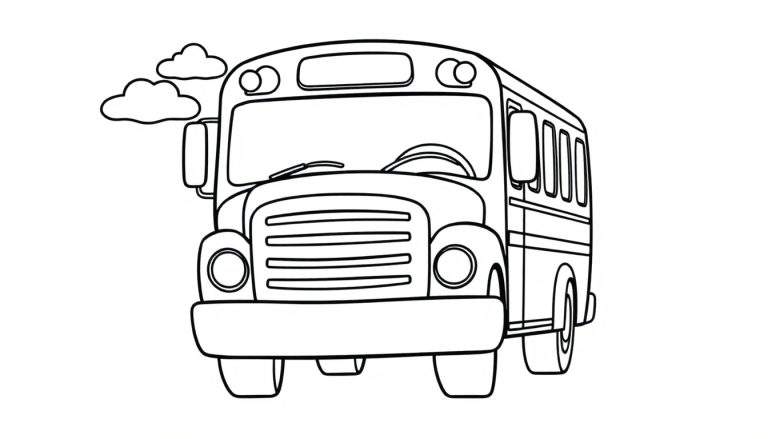 Un dibujo lineal de un autobús escolar amarillo con grandes ventanas y ruedas, listo para ser coloreado, con nubes en el fondo. La placa de color está esperando.