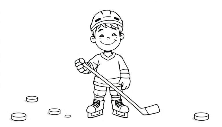 Un niño sonriente jugando al hockey sobre hielo, listo para colorear en esta placa de color.