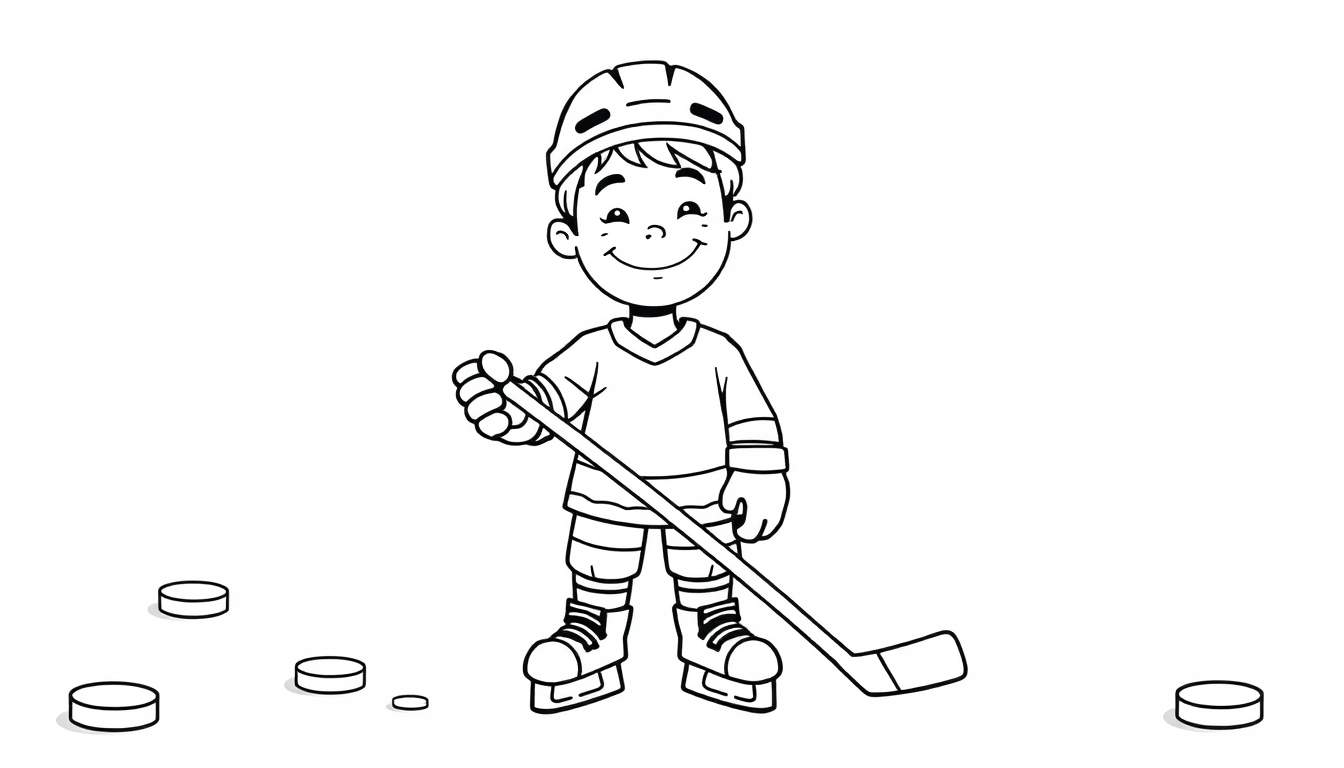 Un niño sonriente jugando al hockey sobre hielo, listo para colorear en esta placa de color.