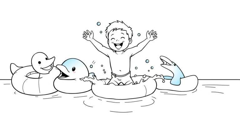 Placa de color: niño sonriente jugando con flotadores de animales en el agua.