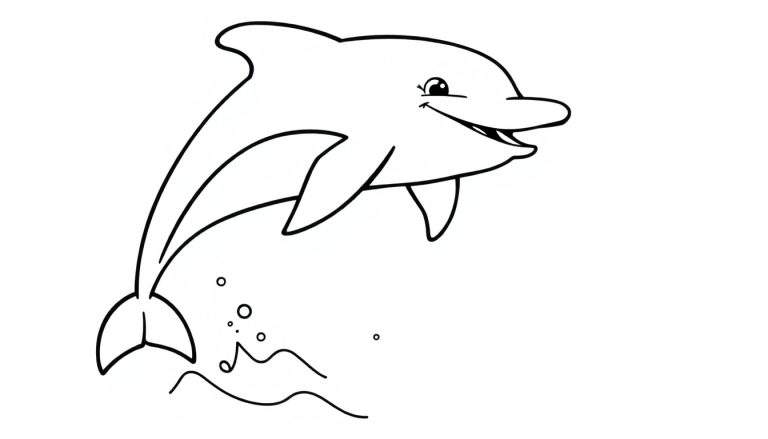 Placa de color de un delfín de dibujos animados sonriente saltando fuera del agua con burbujas y olas.